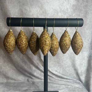 Set of 7 Christmas Ornaments Round Gold Beaded With Hanging Cord Attached